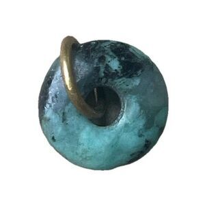 VTG Natural Green Stone Donut Pendant Speckled Moss Jasper Style Brass .4"